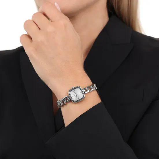 JOOP! Damenuhr eckig Edelstahl mit Kettenarmband Zifferblatt weiss 2038612