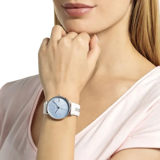 JOOP! Damenuhr Edelstahl silberfarben mit weißem Lederband hellblau 2035633