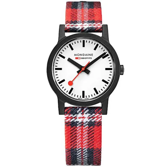Mondaine essence black nachhaltige Damenuhr 32 mm mit Textilband kariert MS1.32111.LC