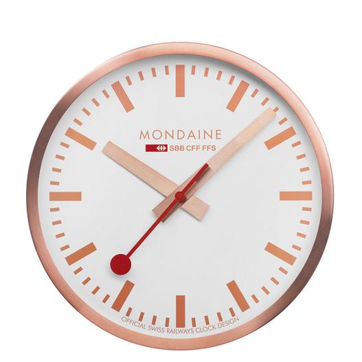 Mondaine Wanduhr rosegoldfarben mit rotem Sekundenzeiger 25 cm A990.Clock.18SBK