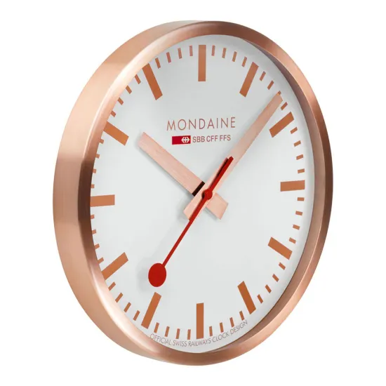 Mondaine Wanduhr rosegoldfarben mit rotem Sekundenzeiger 40cm A995.Clock.17SBK