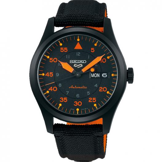Seiko 5 Flieger Automatikuhr schwarz orange mit Textilband SRPH33K1