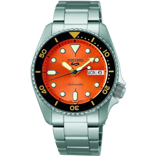 Seiko 5 Sports Automatikuhr midsize 38 mm orange silberfarben mit Edelstahlband SRPK35K1