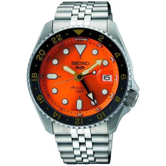 Seiko 5 Sports GMT Herrenuhr Automatik silberfarben schwarz orange SSK005K1