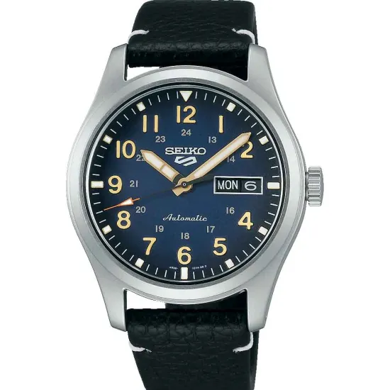 Seiko 5 Sports Herrenuhr Automatik silberfarben blau mit Lederband SRPG39K1