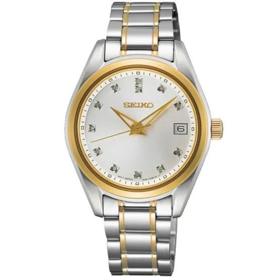 Seiko Damenuhr bicolor silberfarben goldfarben mit Saphirglas und Diamanten SUR582P1