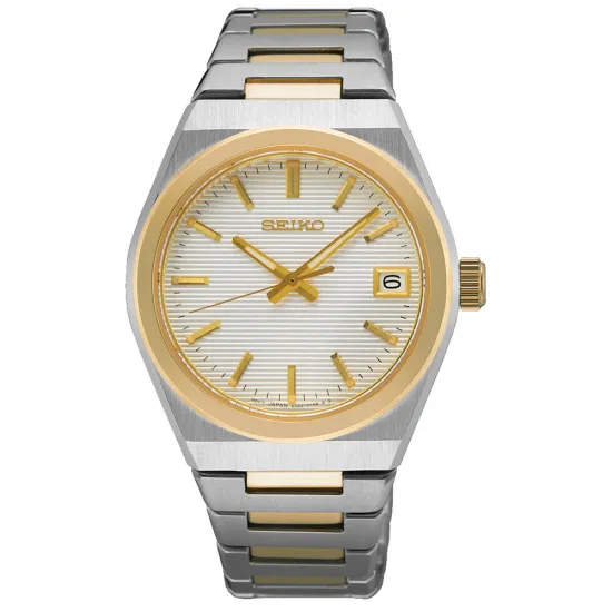 Seiko Damenuhr bicolor silberfarben goldfarben mit Saphirglas und Metallband SUR578P1