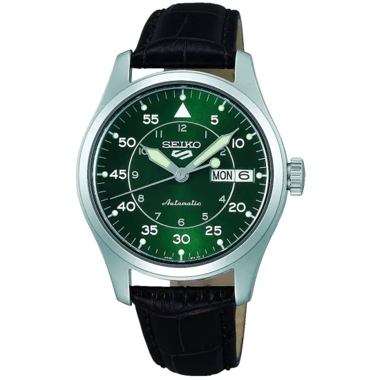 Seiko Herrenuhr 5 Sports Automatik silberfarben grün mit braunem Lederband SRPJ89K1