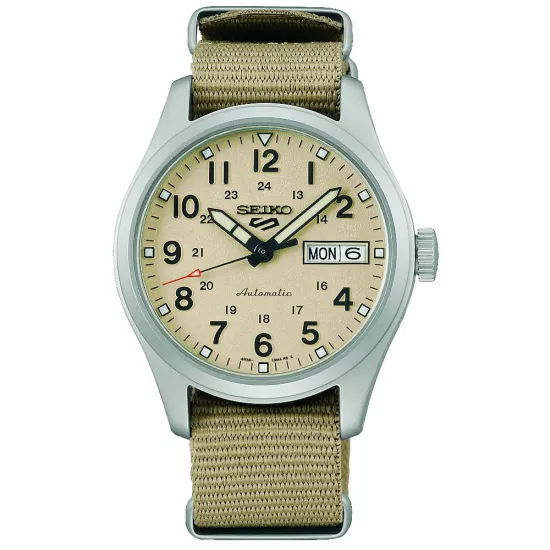 Seiko Herrenuhr 5 Sports Automatik silberfarben mit beigem Textilband SRPJ83K1