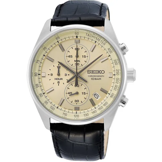 Seiko Herrenuhr Chrono champagne silberfarben mit schwarzem Lederband SSB383P1