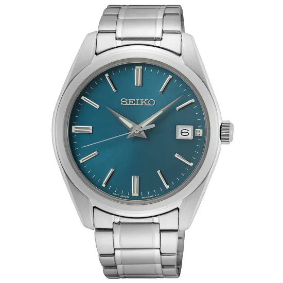 Seiko Herrenuhr mit Edelstahlband Zifferblatt hellblau silberfarben Saphirglas SUR525P1
