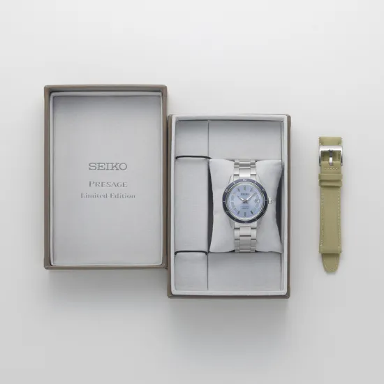 Seiko Herrenuhr Presage Style 60s Automatik Limited Edition silberfarben hellblau SRPL19J1