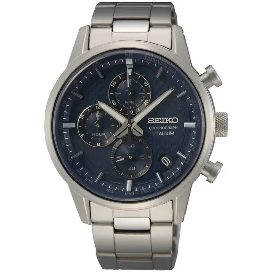 Seiko Herrenuhr Titan Chronograph Sport blau silberfarben mit Titanband SSB387P1
