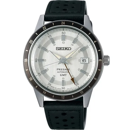 Seiko Presage GMT Automatikuhr silberfarben mit schwarzem Lederband SSK011J1