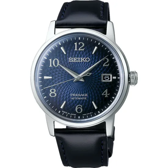 Seiko Presage Herrenuhr Automatik blau silberfarben mit Lederband SRPE43J1