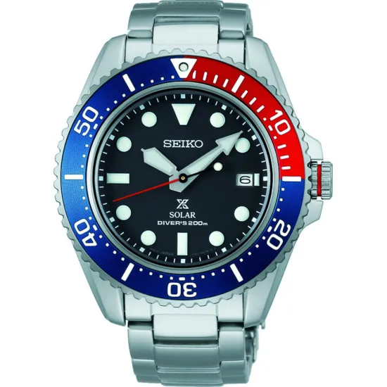 Seiko Prospex Solar Herrenuhr blau schwarz rot silberfarben mit Gliederband SNE591P1