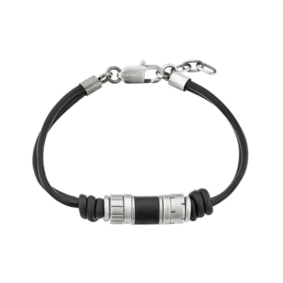 s.Oliver Herrenarmband Lederband schwarz silberfarben mit Beads Details 2038007