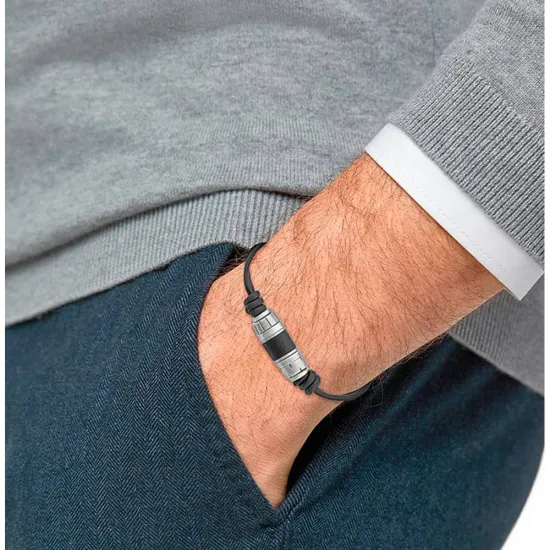 s.Oliver Herrenarmband Lederband schwarz silberfarben mit Beads Details 2038007