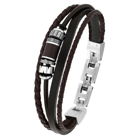 s.Oliver Herrenarmband mehrlagig Lederbänder braun mit Beads Edelstahl 2038871