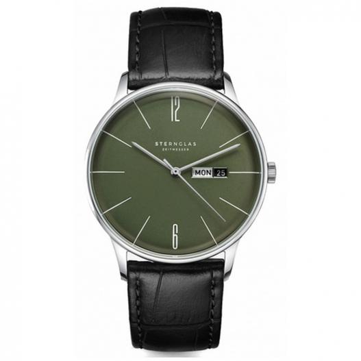 STERNGLAS Armbanduhr Berlin olivgrün mit Lederband schwarz S01-BE08-HE04