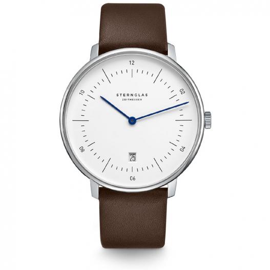STERNGLAS Armbanduhr NAOS XL weiß silberfarben mit dunkelbraunem Lederband S01-NX01-PR04