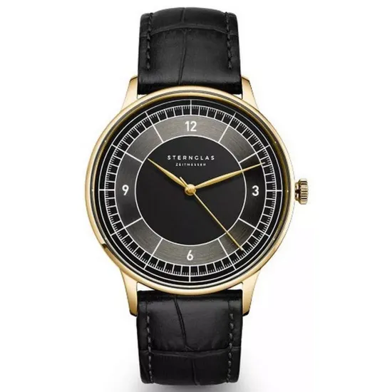 STERNGLAS Armbanduhr Sedius Edelstahl goldfarben Lederband schwarz S01-SD04-HE03