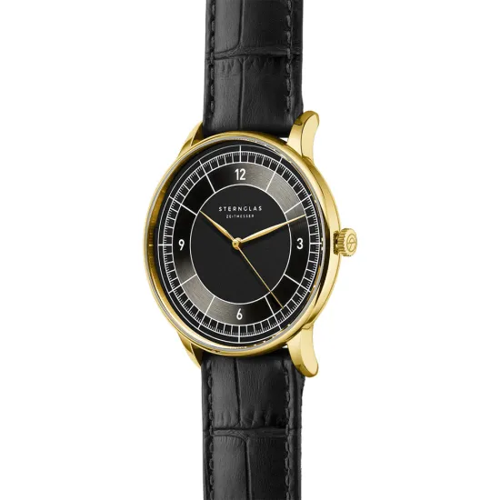 STERNGLAS Armbanduhr Sedius Edelstahl goldfarben Lederband schwarz S01-SD04-HE03