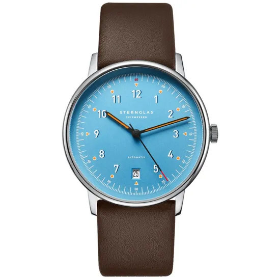 STERNGLAS Automatikuhr LUMATIK hellblau Lederband braun S02-LM17-PR04