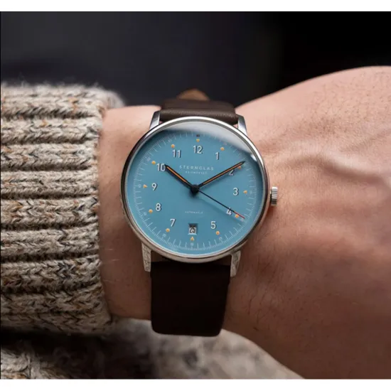 STERNGLAS Automatikuhr LUMATIK hellblau Lederband braun S02-LM17-PR04