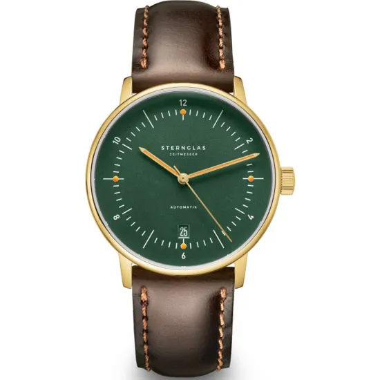 STERNGLAS Naos Automatikuhr goldfarben dunkelgrün Lederband braun S02-NA22-BR01