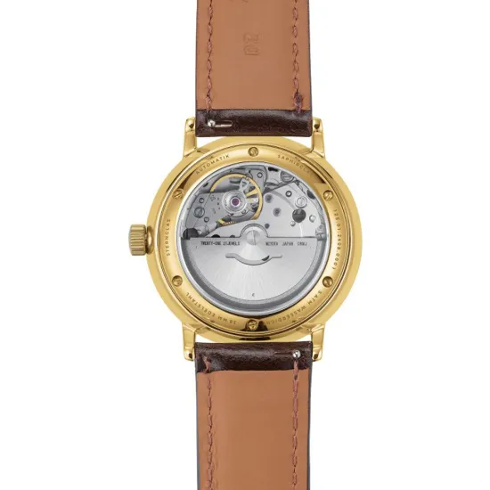 STERNGLAS Naos Automatikuhr goldfarben dunkelgrün Lederband braun S02-NA22-BR01
