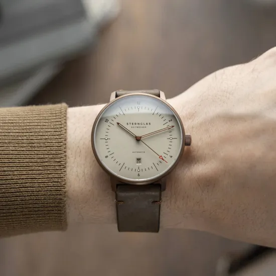 STERNGLAS Naos XL Automatikuhr alabaster bronze Vintage Lederband mocca S02-NX42-VI17