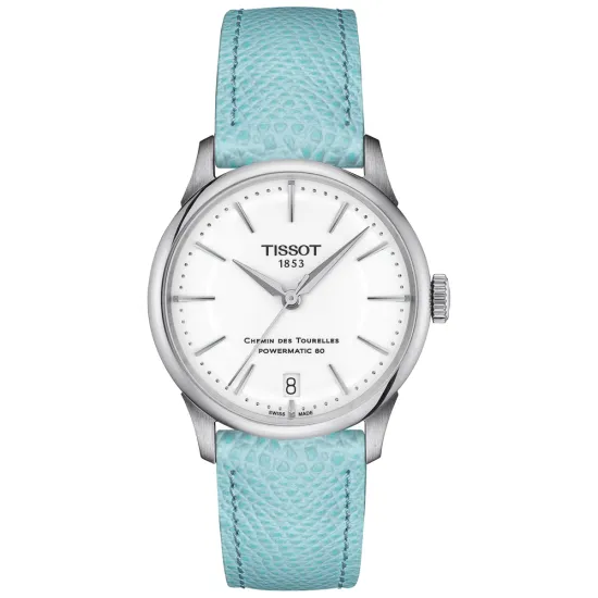 Tissot Damenuhr Chemin des Tourelles 34 mm Powermatic 80 mit hellblauem Lederband