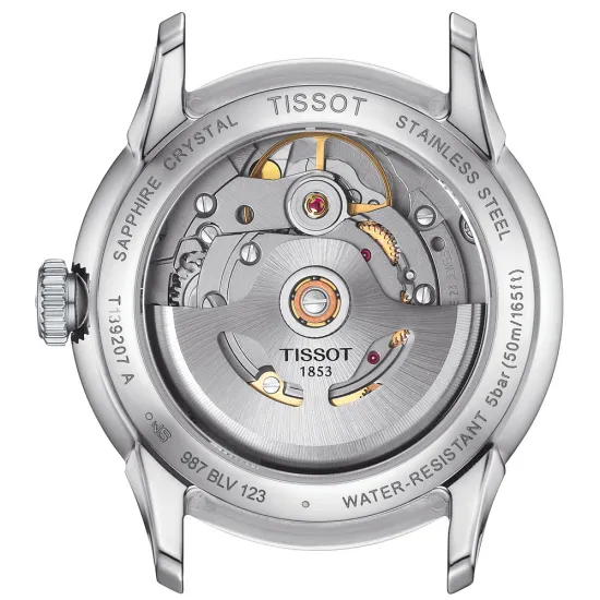 Tissot Damenuhr Chemin des Tourelles 34 mm Powermatic 80 mit hellblauem Lederband