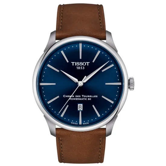 Tissot Herrenuhr Chemin des Tourelles Powermatic 80 blau Lederband braun T1394071604100