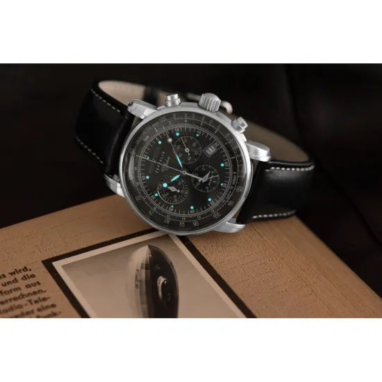Zeppelin 100 Jahre Herrenuhr Alarm Chronograph Lederband schwarz 7680-2