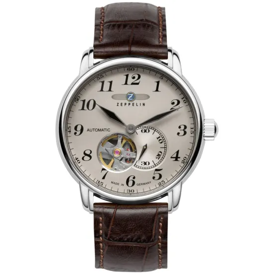 Zeppelin Automatikuhr Open Heart Serie LZ127 mit braunen Lederband 7666-5