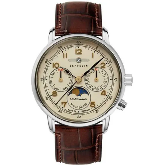 Zeppelin Damenuhr 100 Jahre Mediterranee Mondphase Lederband Braun 9637-5