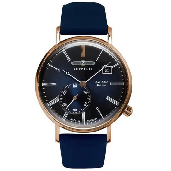 Zeppelin Damenuhr Rome rosegoldfarben mit blauem Lederband 7137-3