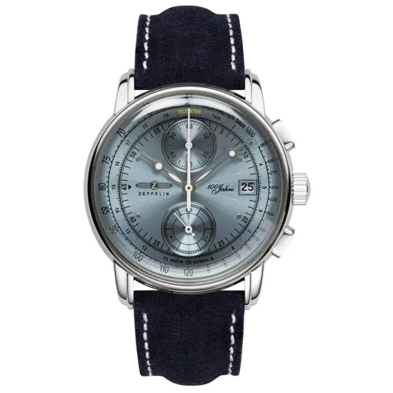 Zeppelin Herrenuhr 100 Jahre Chronograph mit dunkelblauem Lederband 8670-4