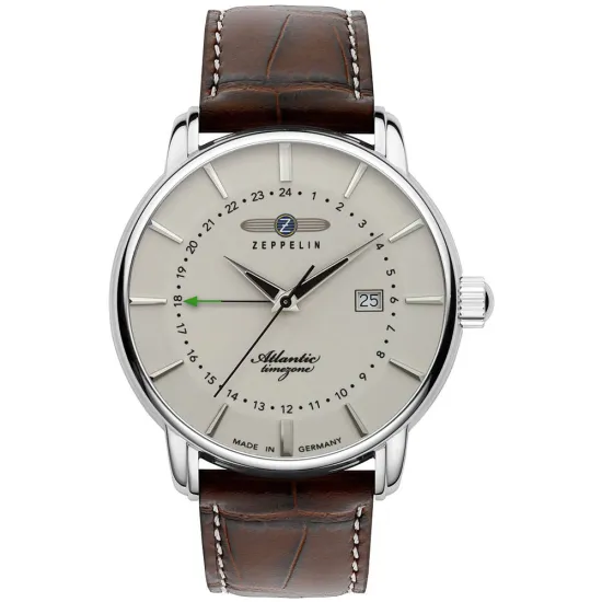 Zeppelin Herrenuhr Atlantic timezone mit braunen Lederband 8442-5
