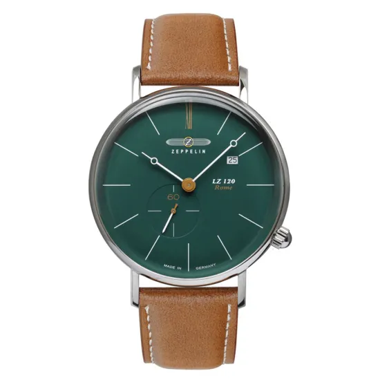 Zeppelin Herrenuhr Rome grünes Ziffernblatt mit hellbraunem Lederband 7138-3