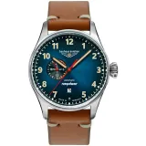 Bauhaus Aviation Tornado Automatikuhr blau silberfarben mit braunen Lederband 2764-3
