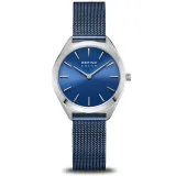 BERING Damenuhr Solar silberfarben mit Milanaiseband blau 17331-307