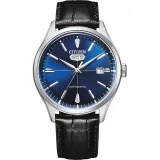 Citizen Automatik Herrenuhr mit Tagesdatum blau mit schwarzem Lederband NH8390-20LE