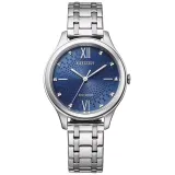 Citizen Damenuhr Eco Drive Solar silberfarben blau mit Zirkonias EM0500-73L