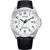 Citizen Herrenuhr Funk Solar silberfarben mit schwarzem Lederband CB0250-17A