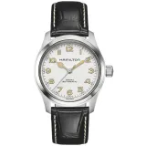 HAMILTON Herrenuhr Automatik Khaki Field Murph silberfarben weiss mit Lederband H70405710