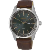 Seiko Solaruhr Herrenuhr Day Date silberfarben grün mit braunen Lederband SNE529P1