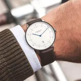 STERNGLAS Armbanduhr NAOS XL weiß silberfarben mit dunkelbraunem Lederband S01-NX01-PR04